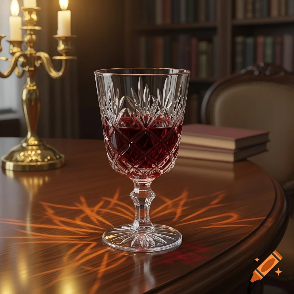 A cut crystal wine glass with red wine sits on a polished wooden table, casting light patterns. A candelabra, bookshelves, and chair are in the background.