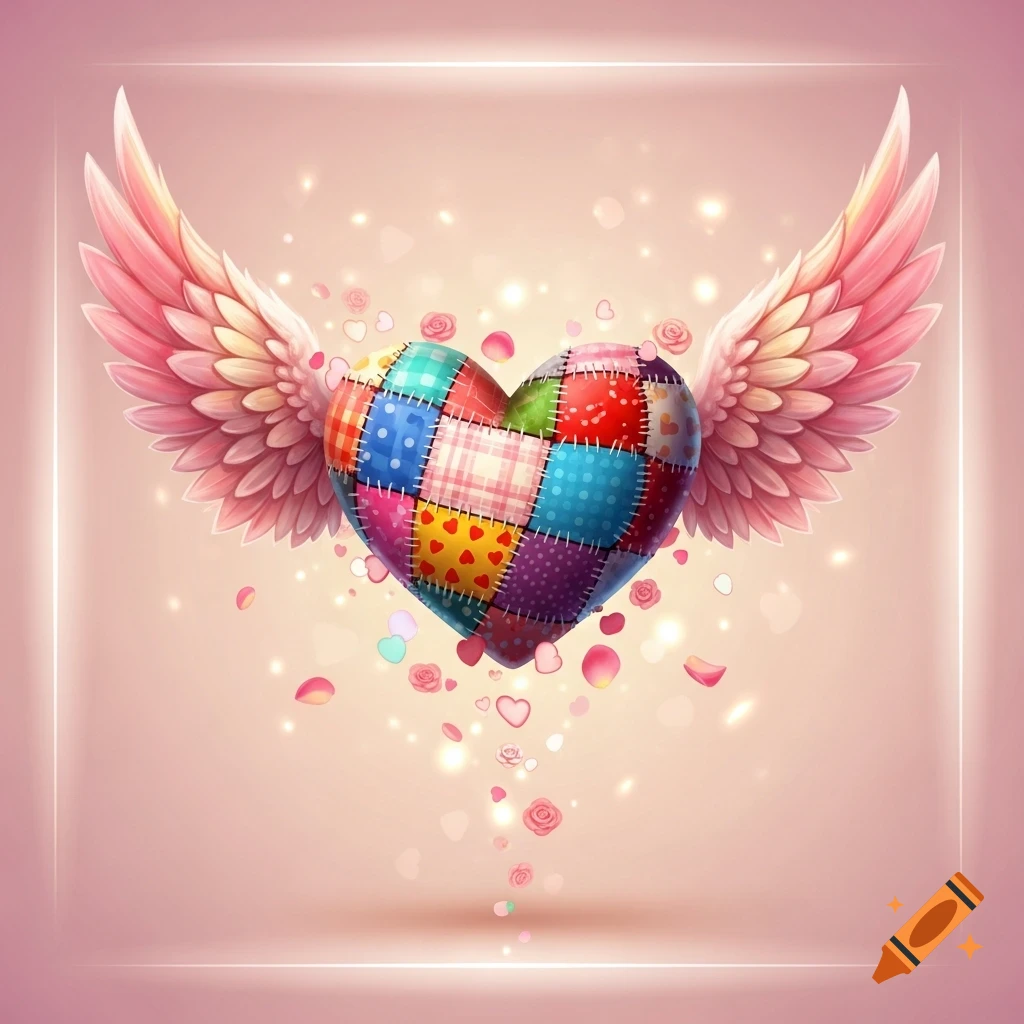 A colorful patchwork heart with pink feathered wings floats amidst sparkling light and rose petals on a soft pink background.
