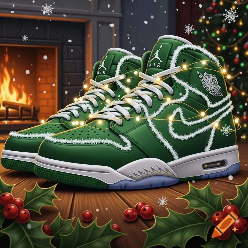 Green Air Jordan sneakers adorned with white trim and Christmas lights, set on a wooden floor with holly, a fireplace, and a Christmas tree in the background.