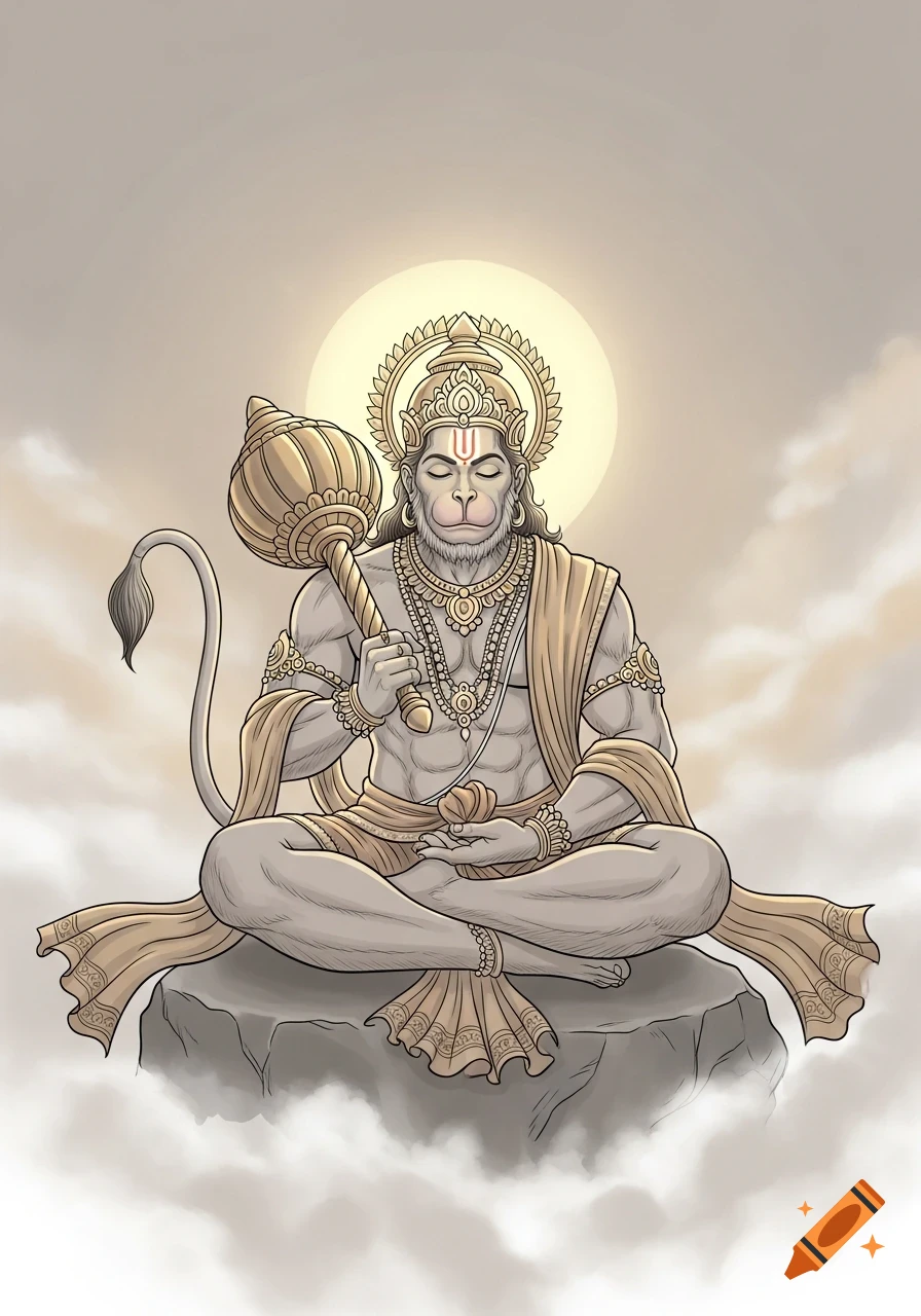 Illustrated Hanuman, a Hindu deity, meditates with a golden mace, seated on a rock amidst clouds under a glowing halo.