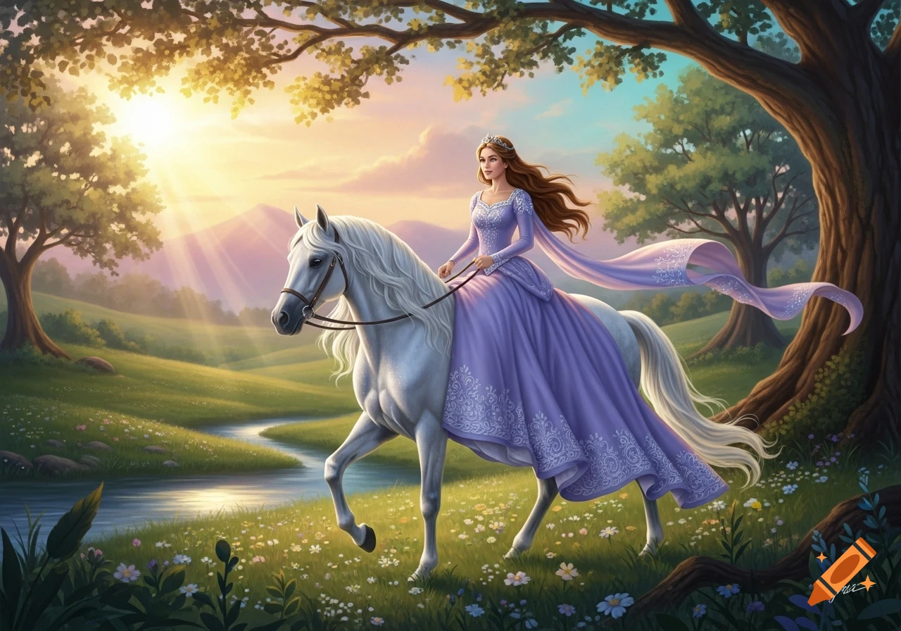 A beautiful princess in a flowing purple gown rides a white horse through a vibrant, sunlit fantasy landscape with trees, a stream, and mountains.