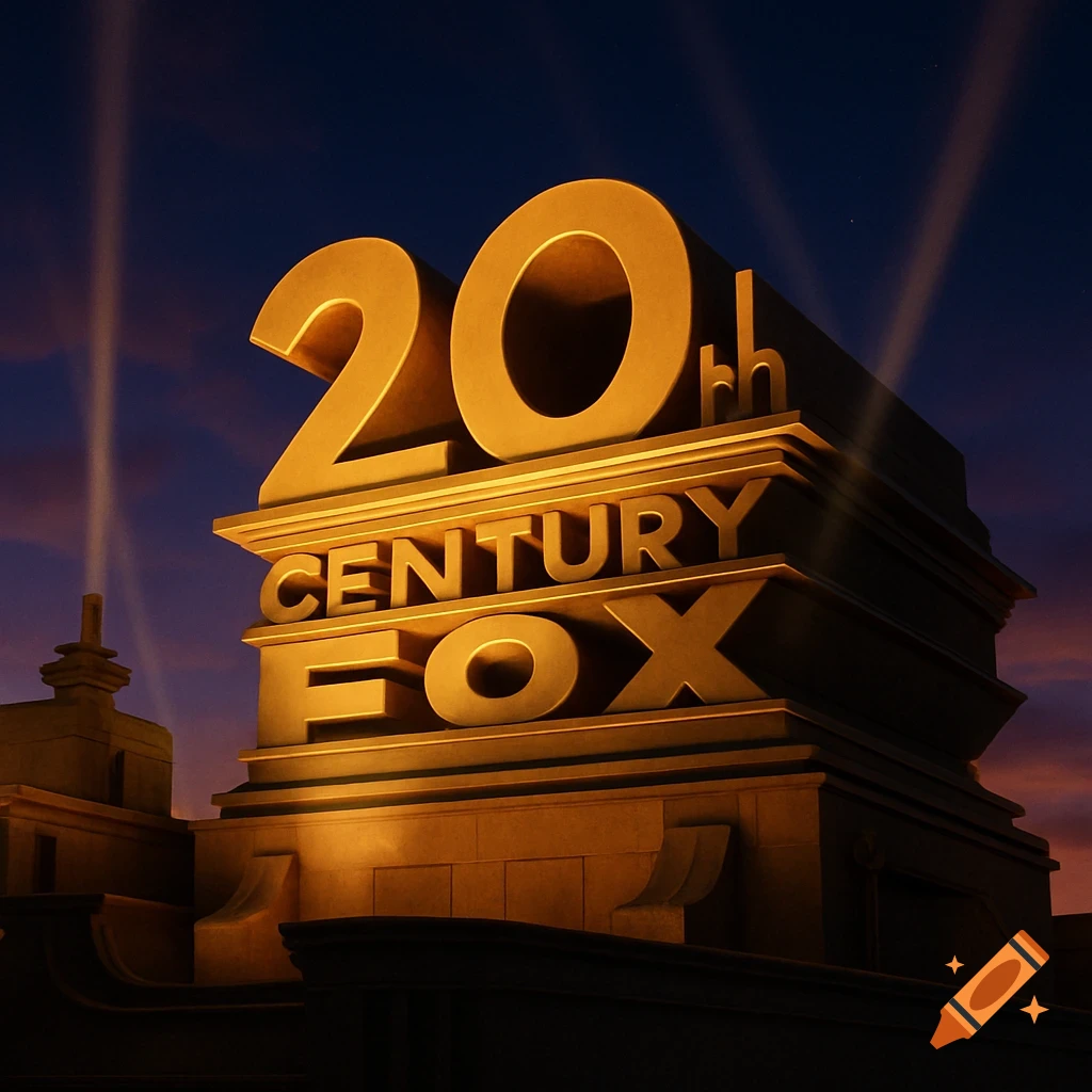 The 20th Century Fox logo featuring large golden '20th CENTURY FOX' text atop a stylized building with searchlights against a twilight sky.