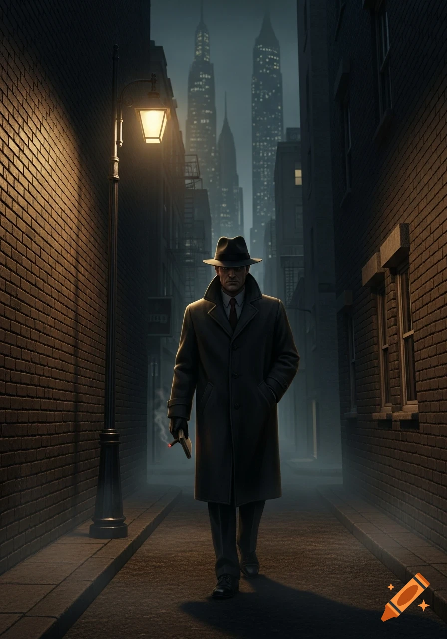 A man in a trench coat and fedora walks down a dark, misty alley illuminated by a street lamp, with city skyscrapers.