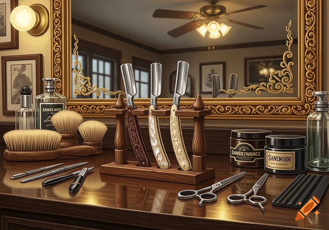 A detailed view of a vintage barber station with straight razors, shaving brushes, and products on a wooden counter, reflected in a gold-framed mirror.