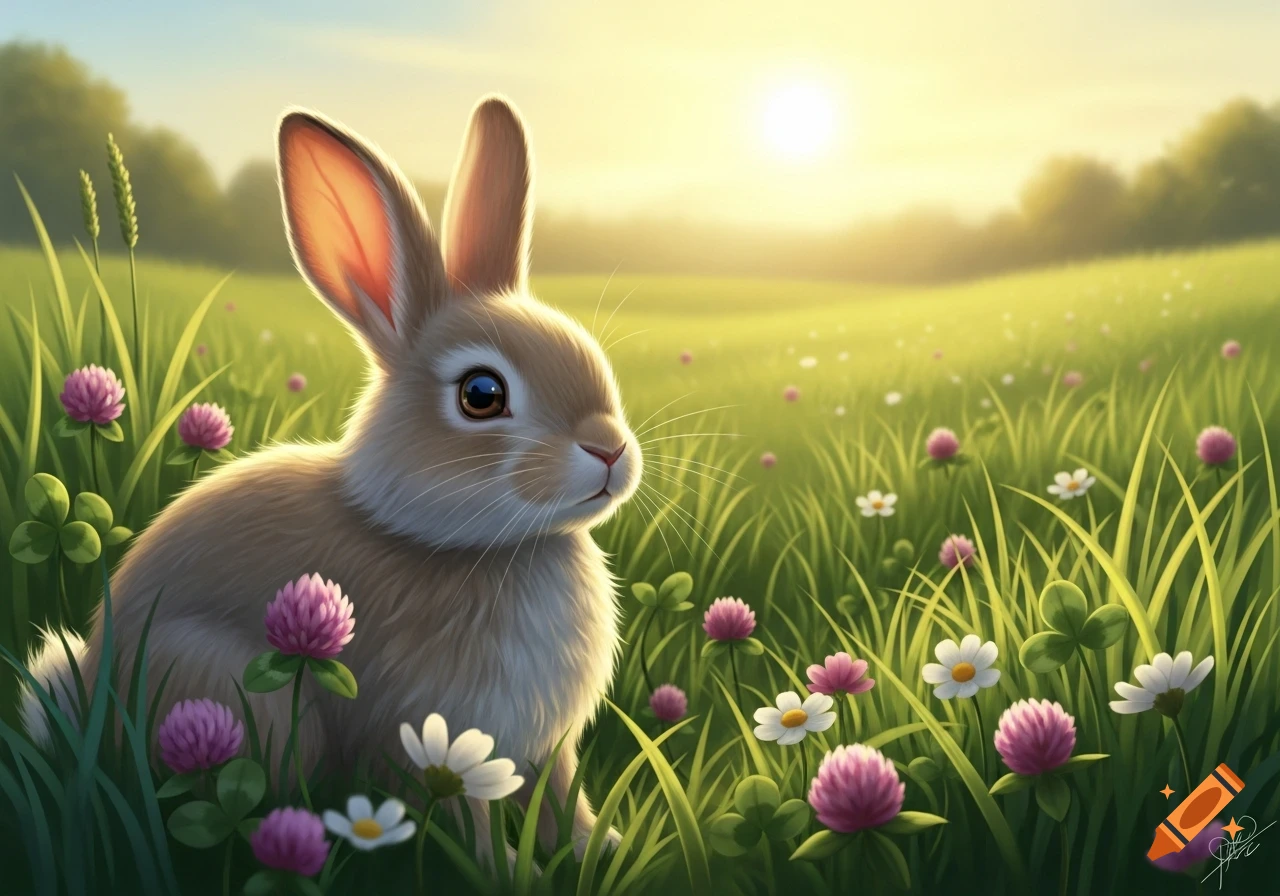 A fluffy brown rabbit sits in a field of green grass and purple clover flowers under a glowing sun.