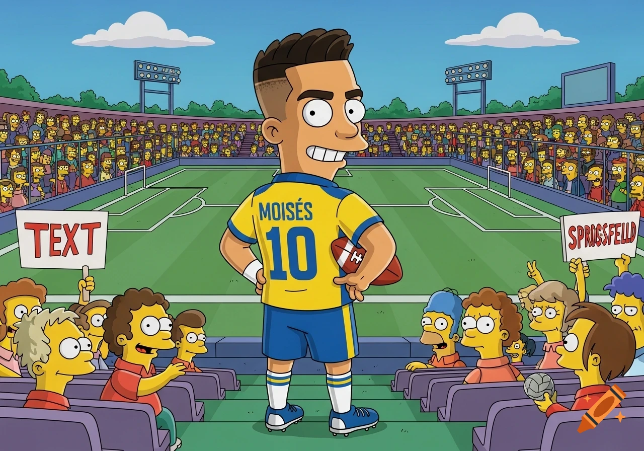 A Simpsons-style cartoon of a male football player wearing a yellow and blue jersey with 'MOISÉS 10' on the back, holding an American football in a stadium with a crowd.