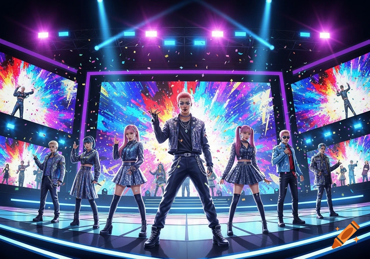 A vibrant K-pop group performs on a brightly lit stage with colorful screens and falling confetti.