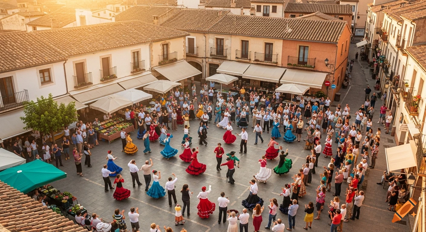 An aerial view of a lively dance flash mob in a sunny Spanish village market square, with many people in colorful traditional attire.