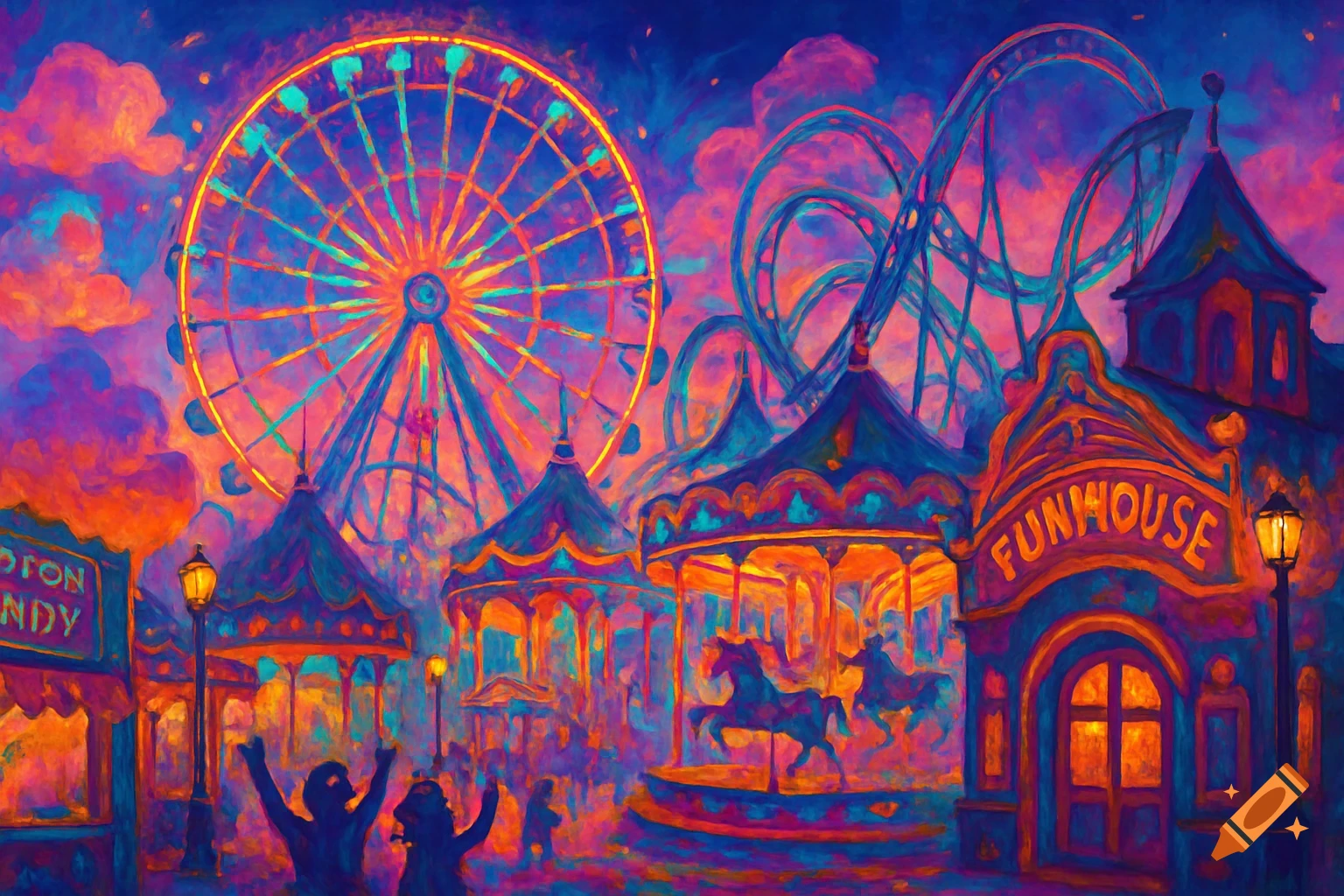 A vibrant, impressionistic painting of a colorful amusement park at dusk, featuring a large Ferris wheel, roller coaster, carousel, funhouse, and silhouetted people.