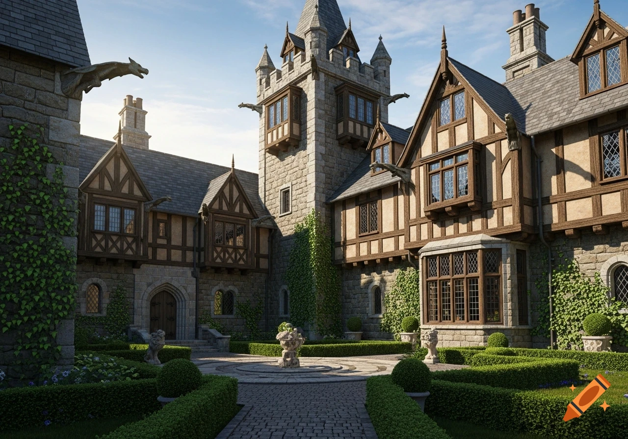A grand medieval-style castle with a Tudor tower, stone walls, timber frames, ivy, and a manicured courtyard, under a blue sky.