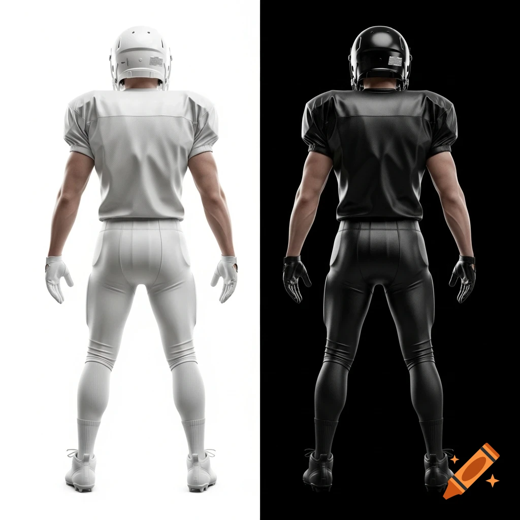 Rear view of two photorealistic American football players, one in white uniform on a white background, the other in black on a black background.