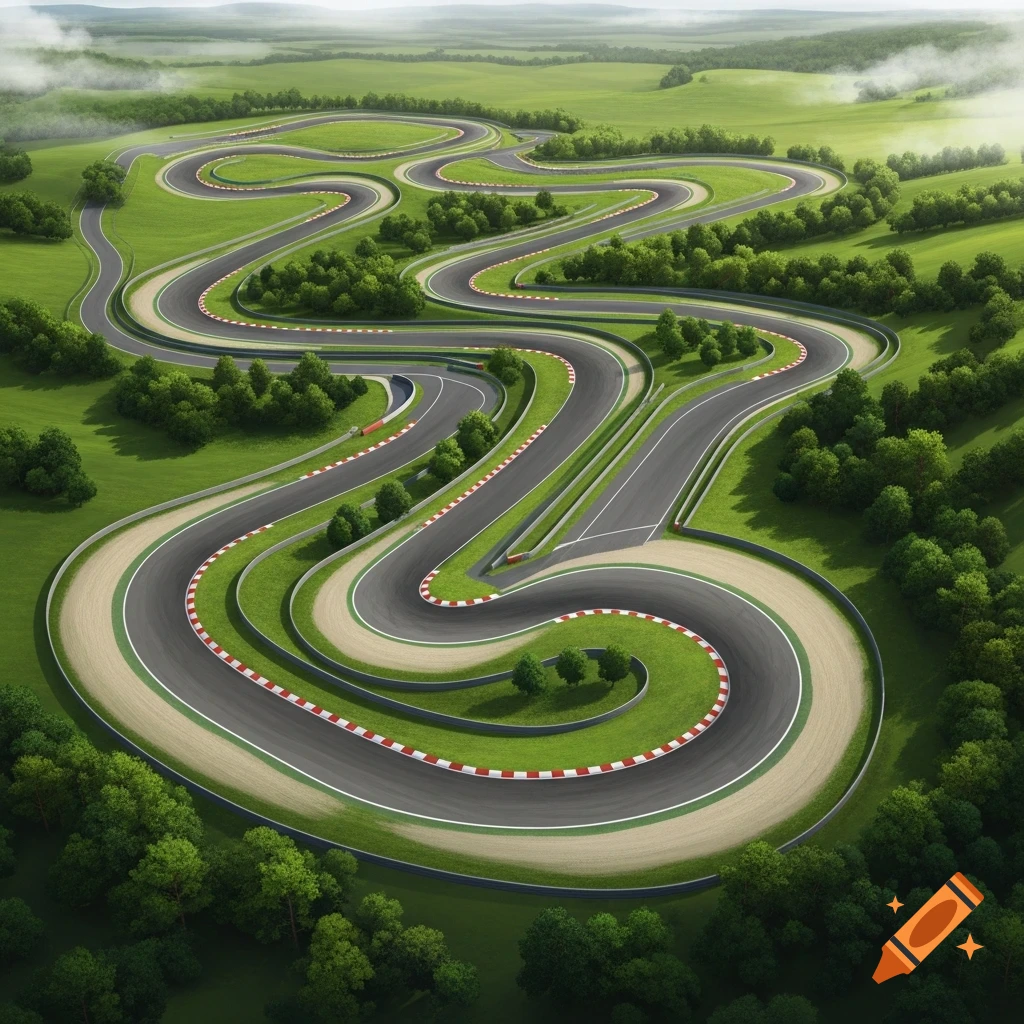 Photorealistic aerial view of a winding race track surrounded by lush green hills and trees.