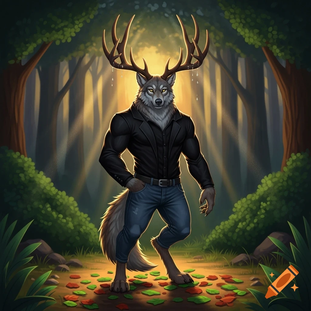 A furry wolf-deer hybrid in a black jacket and jeans stands on a sunlit forest path. Digital art illustration.
