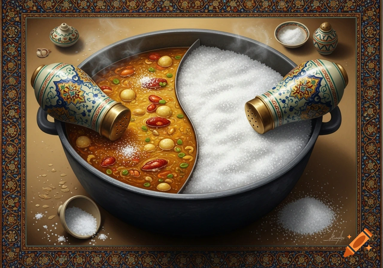 A large cooking pot, yin-yang style, with a savory stew on one side and a mound of salt on the other, featuring two ornate salt shakers and a traditional Iranian border.