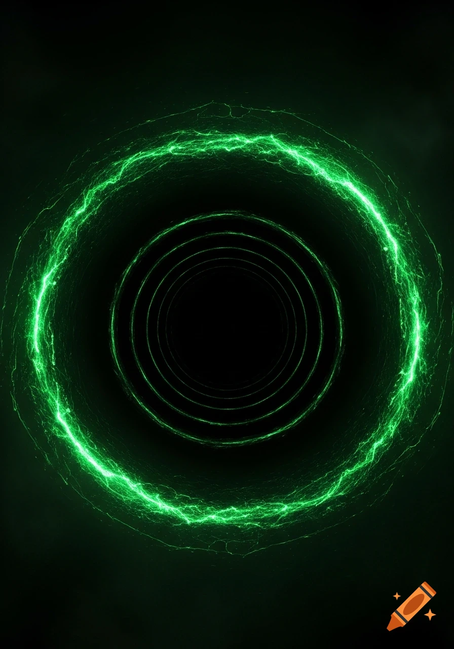 A dark, spiraling tunnel with concentric rings, illuminated by glowing green static and electrical energy.