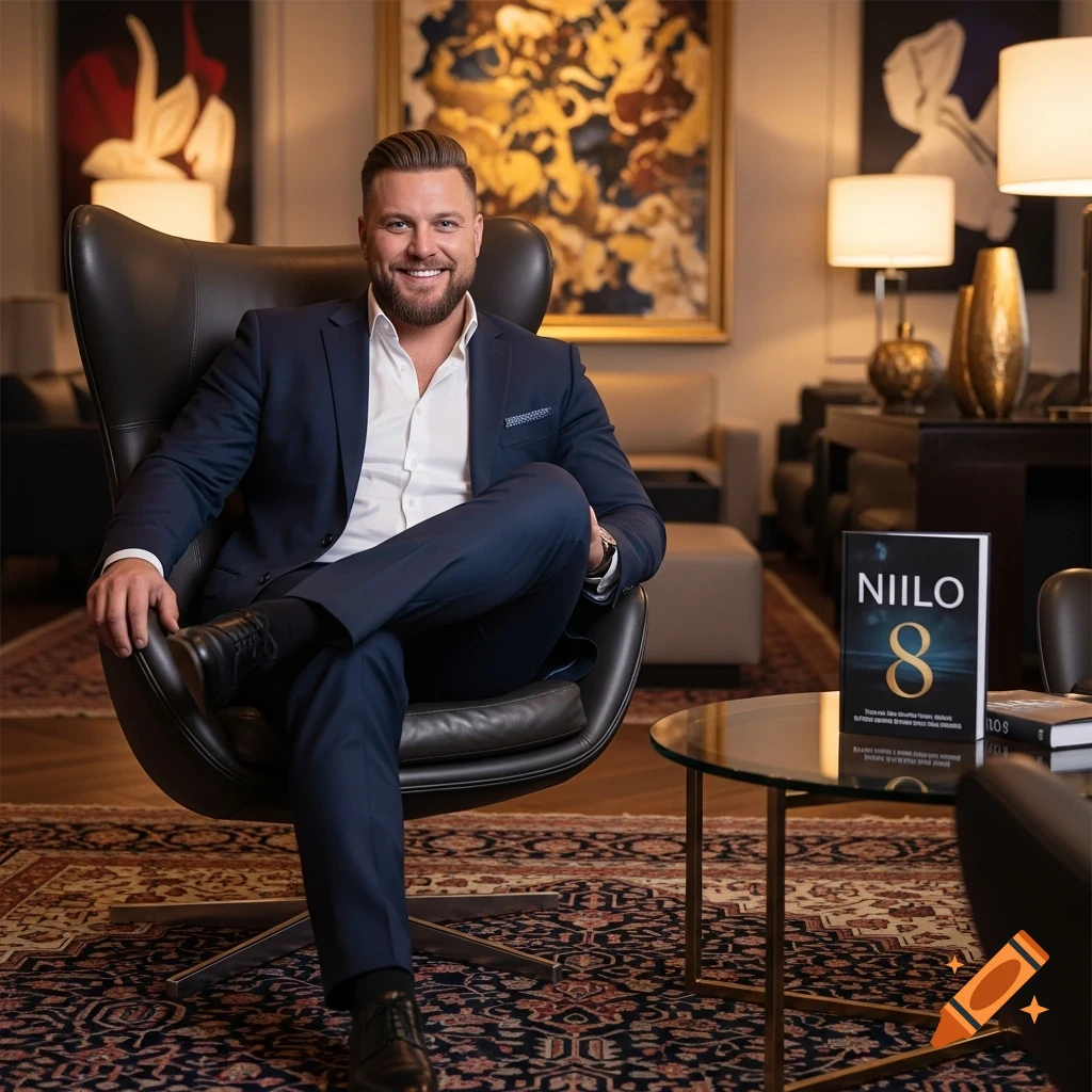 A smiling man in a blue suit sits casually in a leather armchair in a luxurious room, with a book titled 'Niilo 8' on a glass table next to him.