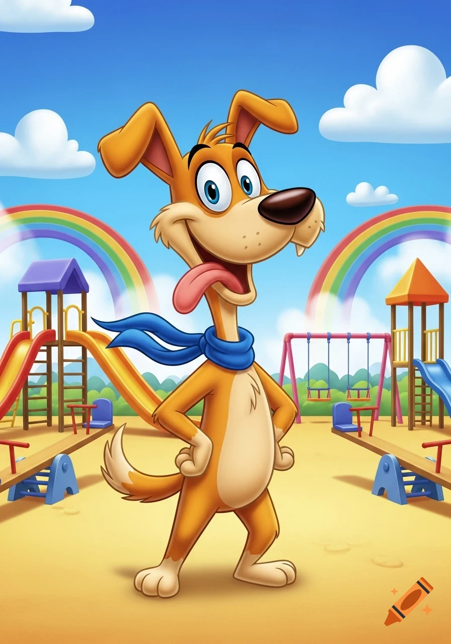 A smiling cartoon dog with a blue scarf stands in a vibrant playground with slides, swings, and rainbows.
