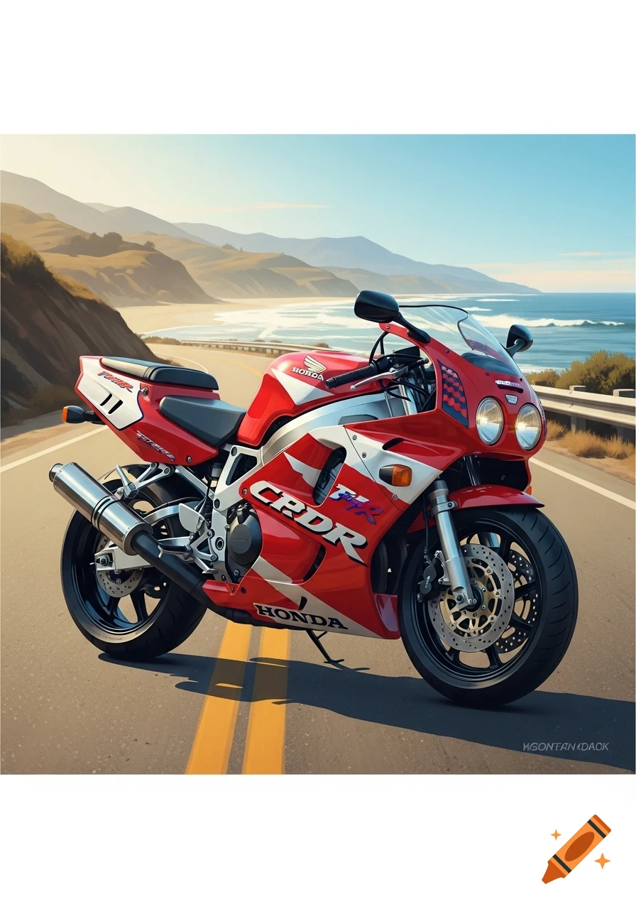 A red and white Honda sportbike is parked on a coastal road overlooking a beach and ocean under a clear sky.