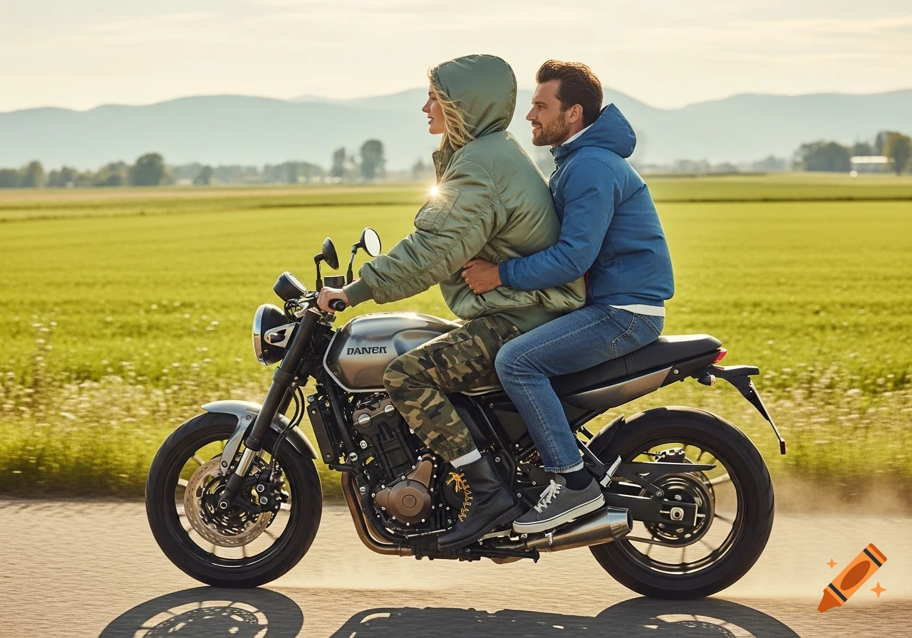 A woman in a green bomber jacket drives a motorcycle with a man in a blue windbreaker passenger through green fields on a sunny day.