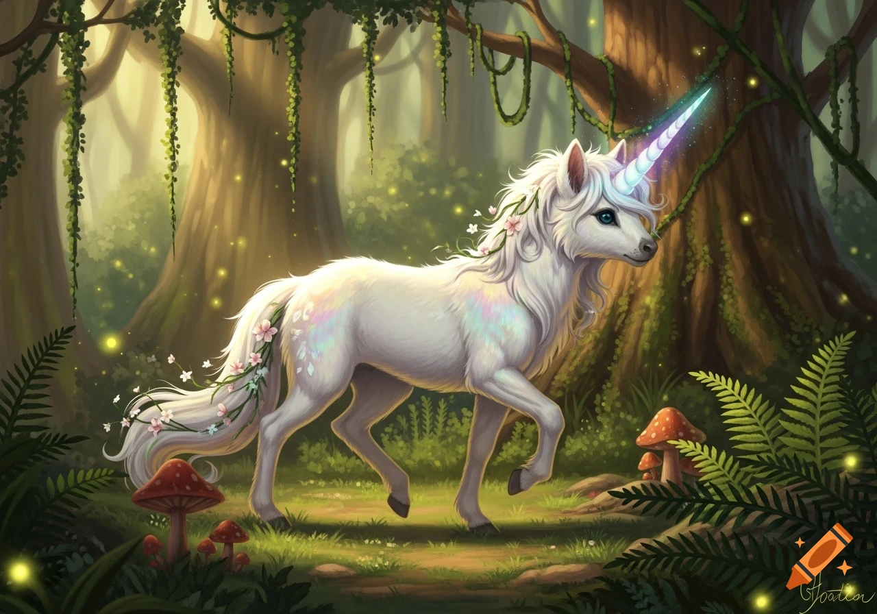 A white unicorn with a shimmering rainbow horn and blue eyes, adorned with pink flowers, walks through a glowing, mystical forest with ferns and mushrooms.