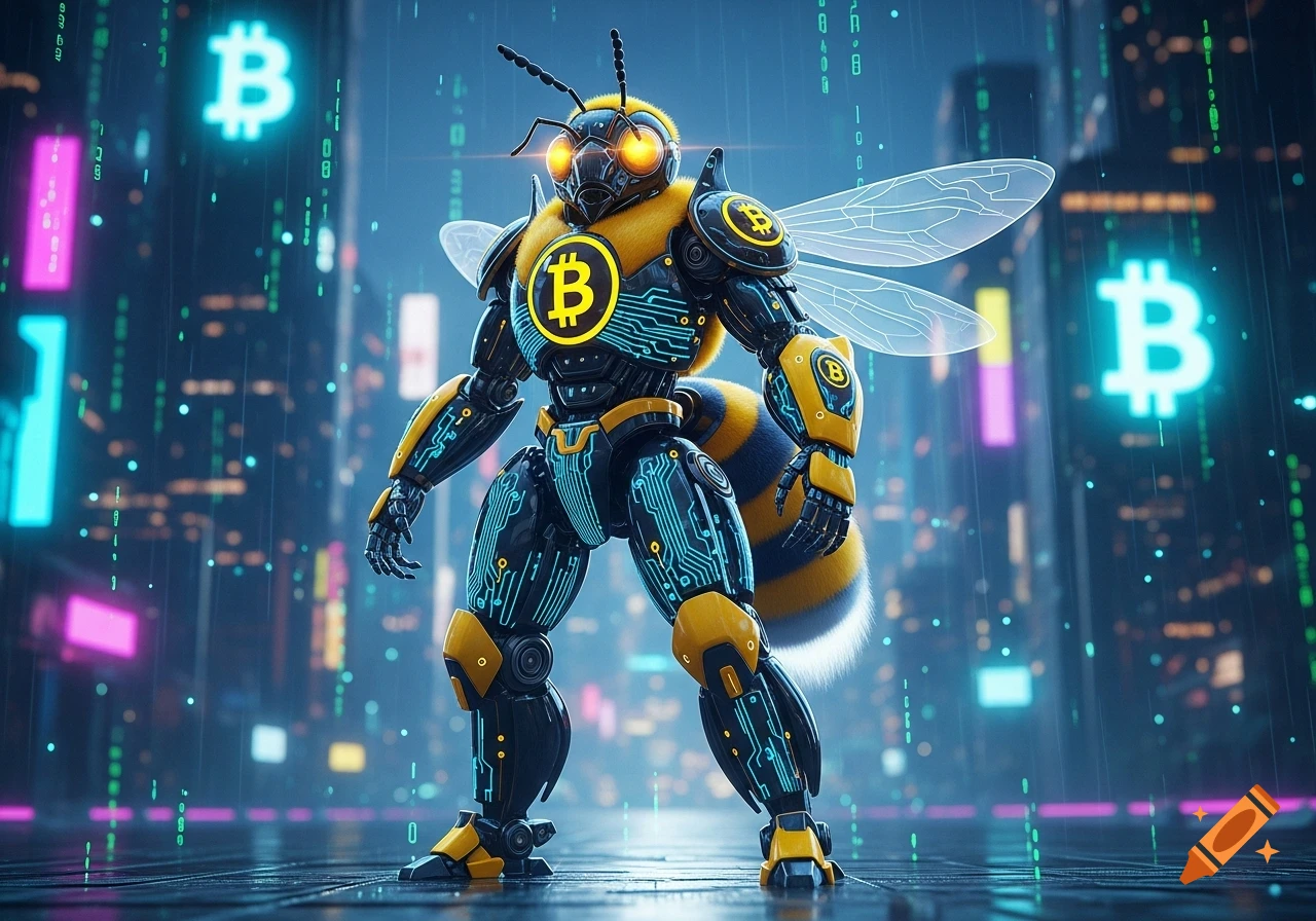 A futuristic black and yellow bee-like robot with glowing Bitcoin logos stands in a cyberpunk city with digital rain.