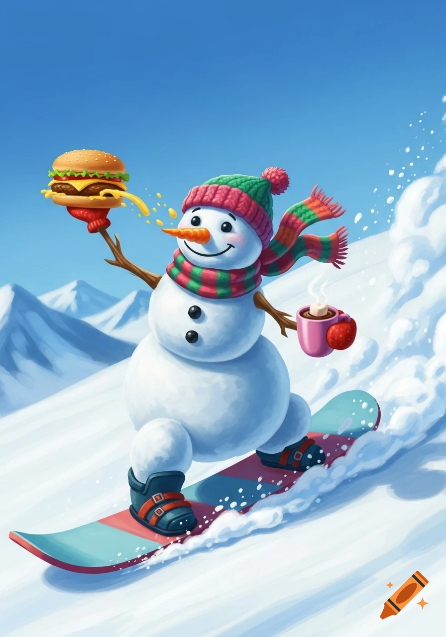 A cartoon snowman snowboarding down a snowy mountain, holding a cheeseburger in one hand and hot chocolate in the other.