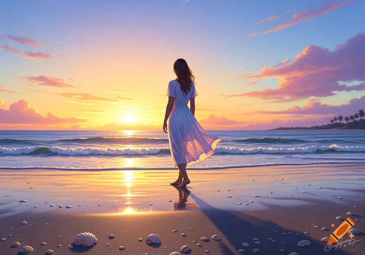 A woman in a white dress stands on a beach, gazing at a vibrant sunset ...