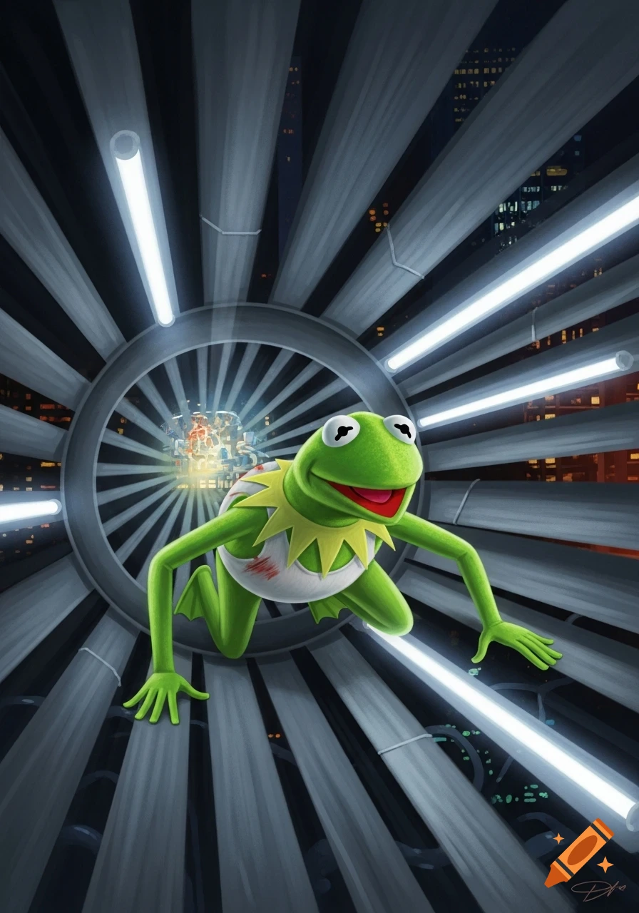 Kermit the Frog, appearing as John McClane, crawls through a dark industrial vent with city lights visible in the background.