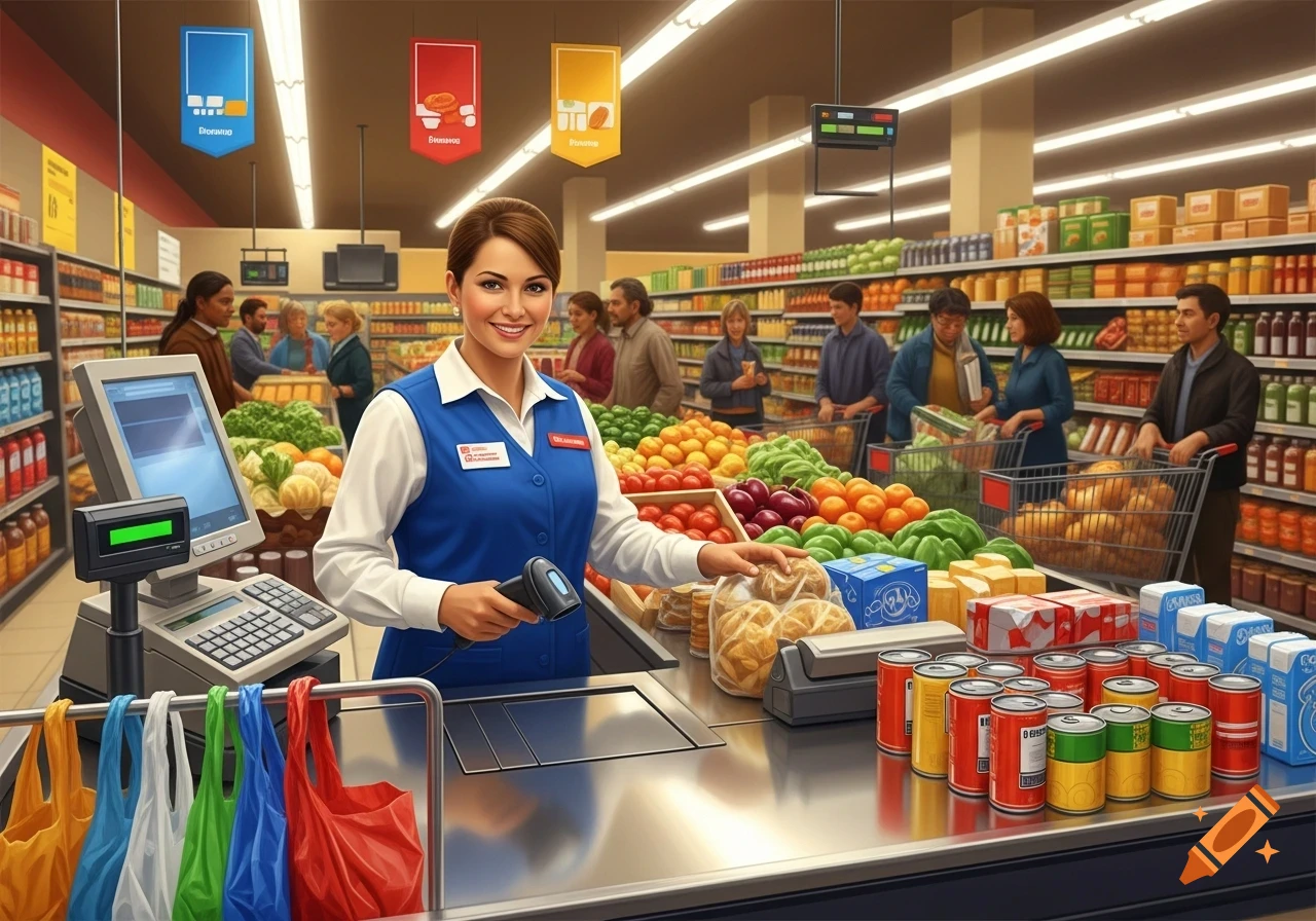 A smiling female cashier in a blue vest scans items at a busy supermarket checkout, surrounded by customers and fresh produce.