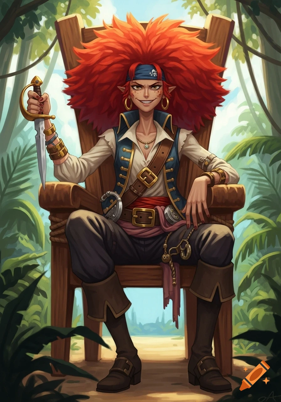 A stylized red-headed pirate woman with wild hair, holding a dagger, sits on a wooden chair in a tropical jungle, with a sly grin.