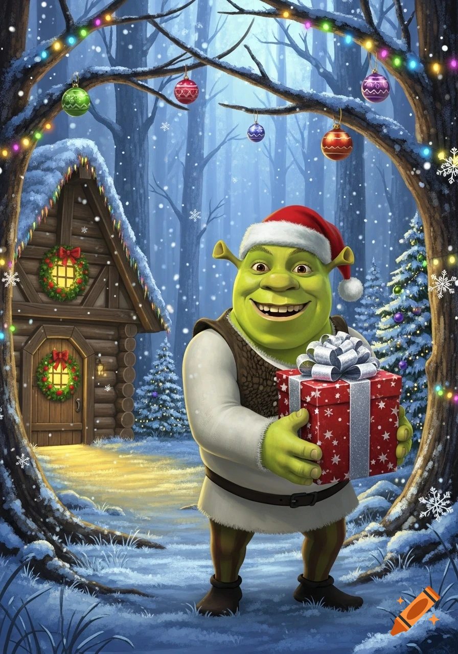 Cartoon illustration of Shrek in a Santa hat, holding a red Christmas gift in a snowy forest with a decorated log cabin.