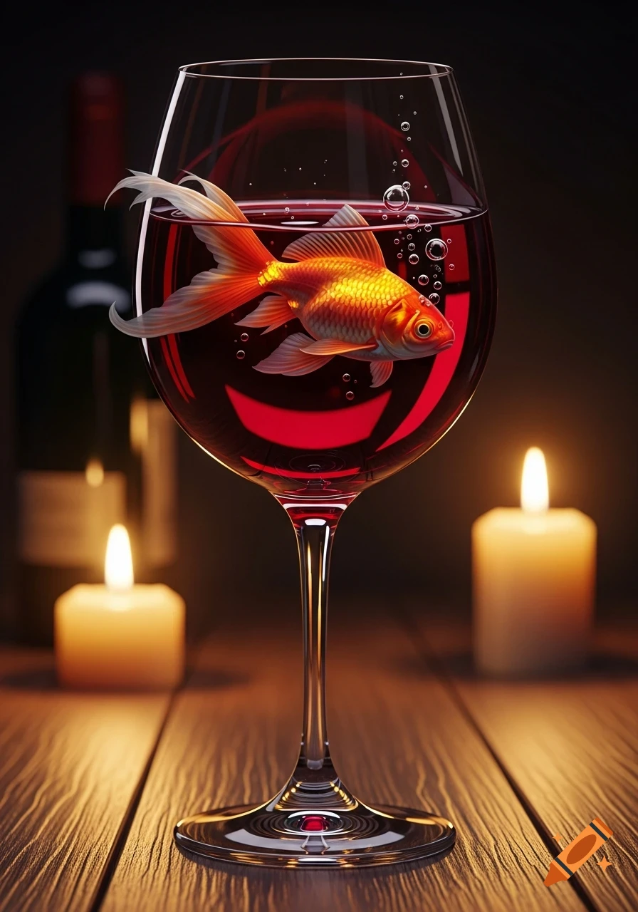 A vibrant goldfish swims in a wine glass with red liquid, backlit by candles and a wine bottle in a dark, warm setting.