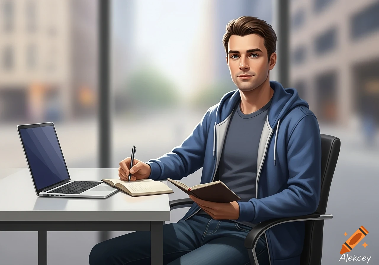 Stylized illustration of a young man in a blue hoodie and jeans, sitting at a desk with a laptop, writing in a notebook.