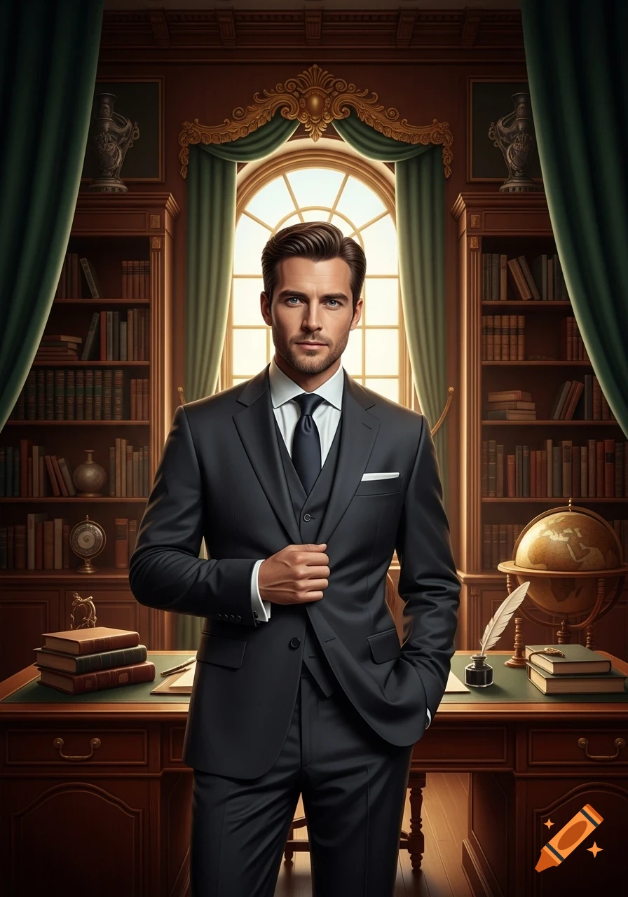A distinguished man in a dark suit and tie stands in a classic study with bookshelves, a large window, and a desk.
