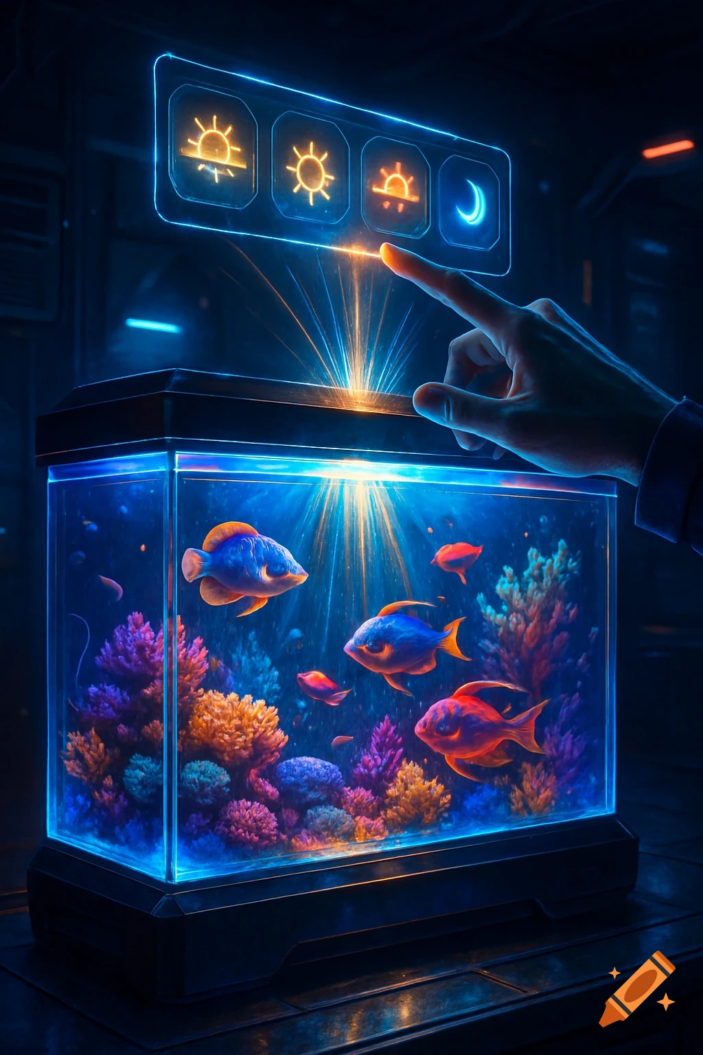 A hand interacts with a glowing holographic interface above a neon-lit futuristic aquarium with colorful fish and corals.