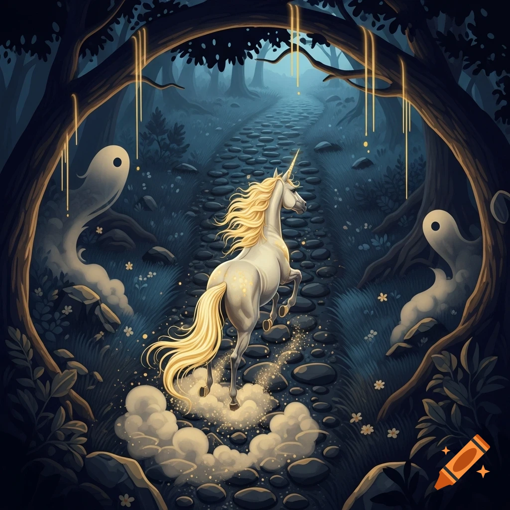 A white unicorn gallops on a stone path through a dark, mystical forest, flanked by two stylized white ghosts, in a fantasy fairytale illustration.