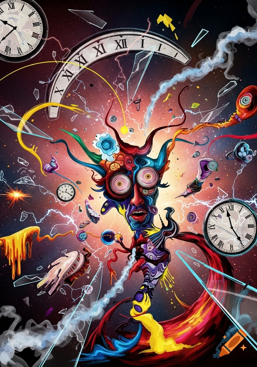 A vibrant, psychedelic illustration of a distorted, melting face surrounded by shattered clocks and colorful chaos.