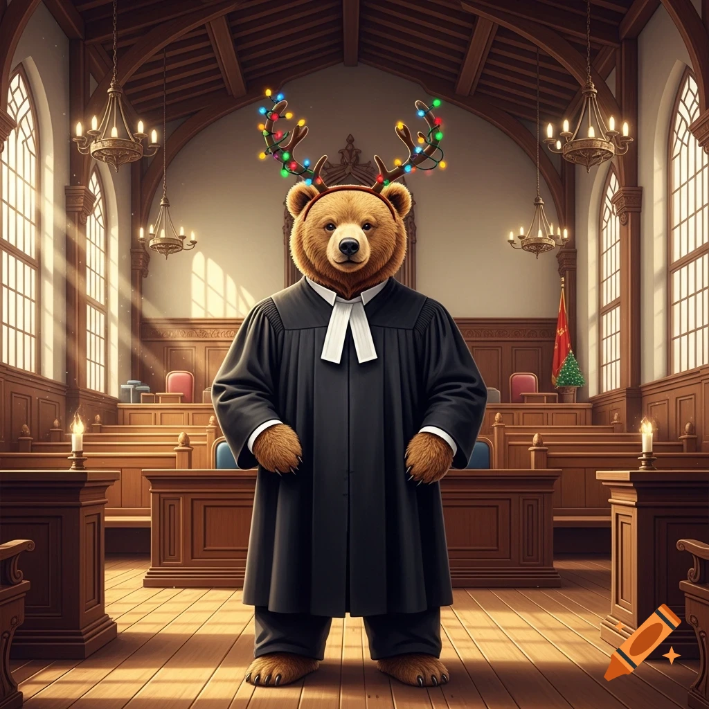A bear dressed as a judge with festive light-up reindeer antlers stands in a formal courtroom.