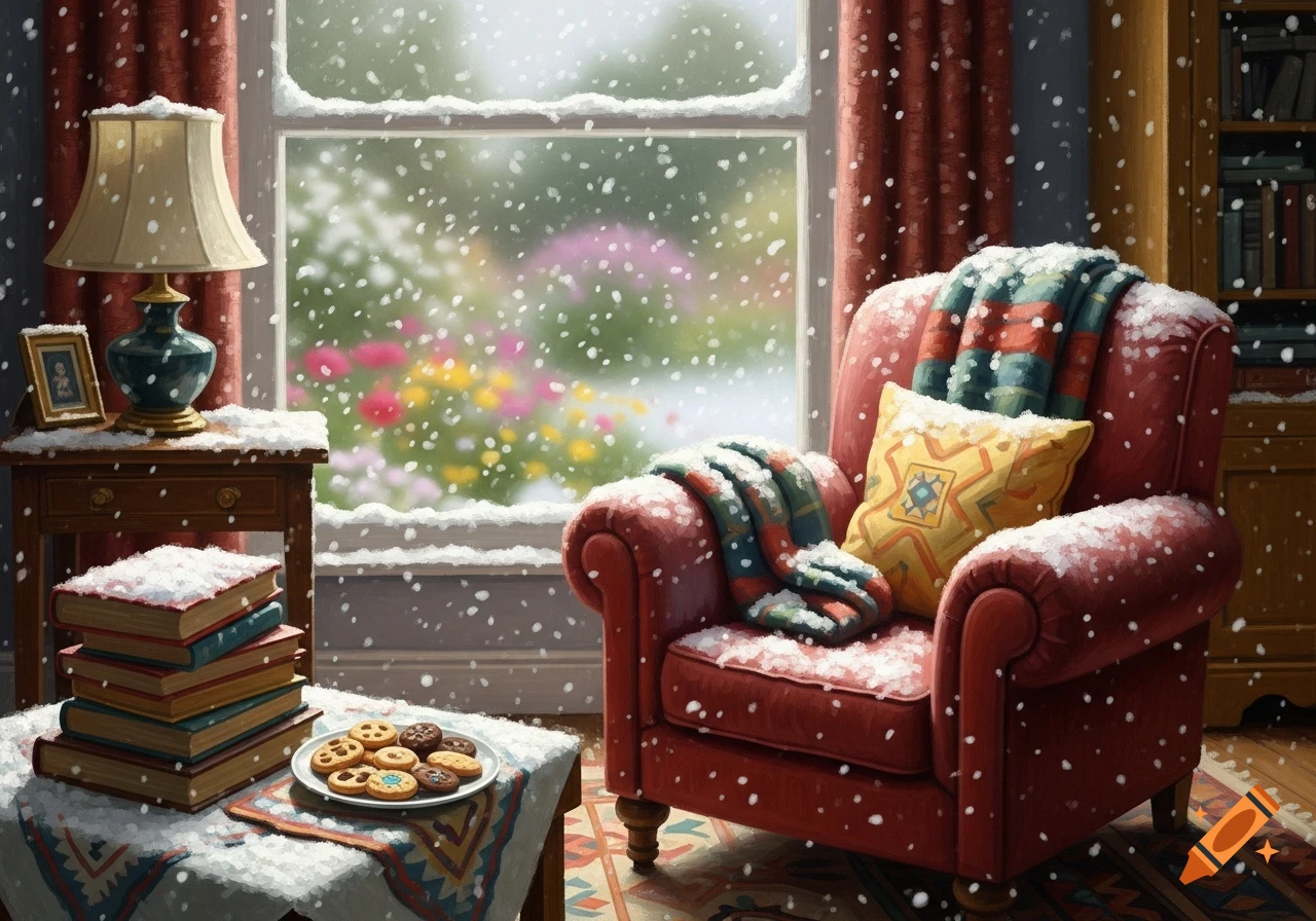 An oil painting depicting a cozy room with snow falling inside. A red armchair with a blanket and cushion sits by a window, near a table with books, a lamp, and a plate of cookies. Outside the window is a blurry, blooming summer garden.