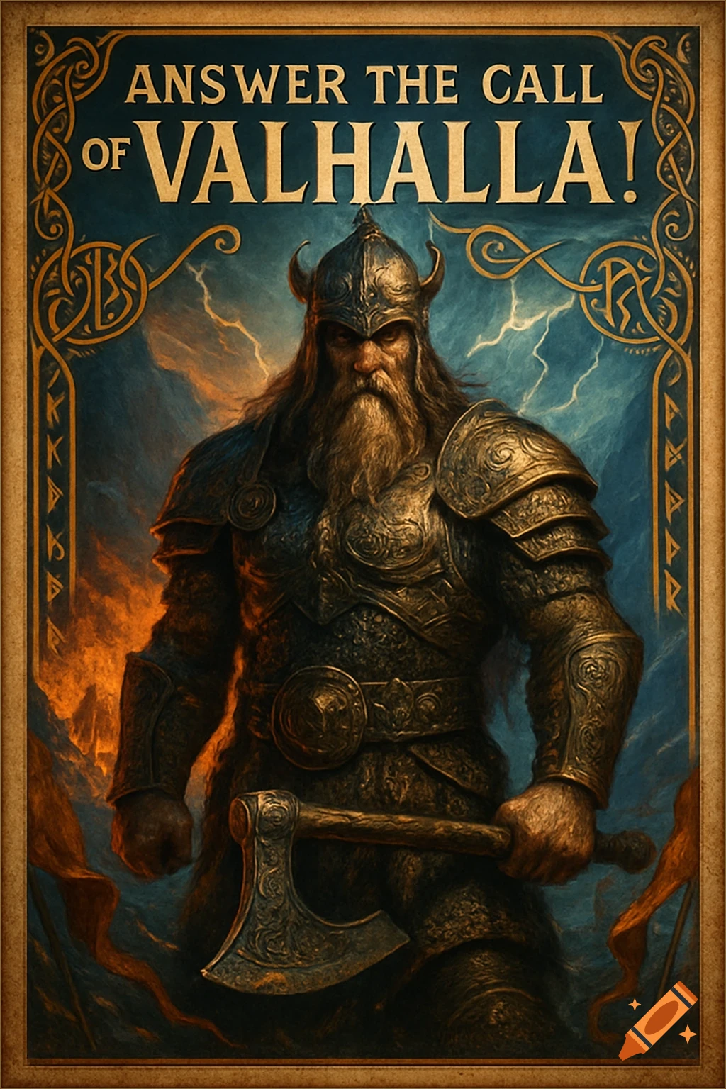 A powerful Viking warrior in ornate armor holds an axe under a stormy sky, featured on a vintage-style recruitment poster with the text 'Answer the Call of Valhalla!'