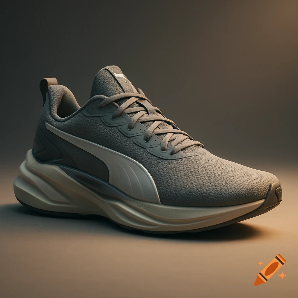 A gray and beige athletic shoe with a textured upper and a wavy, thick sole, displayed on a dark background with a warm glow.