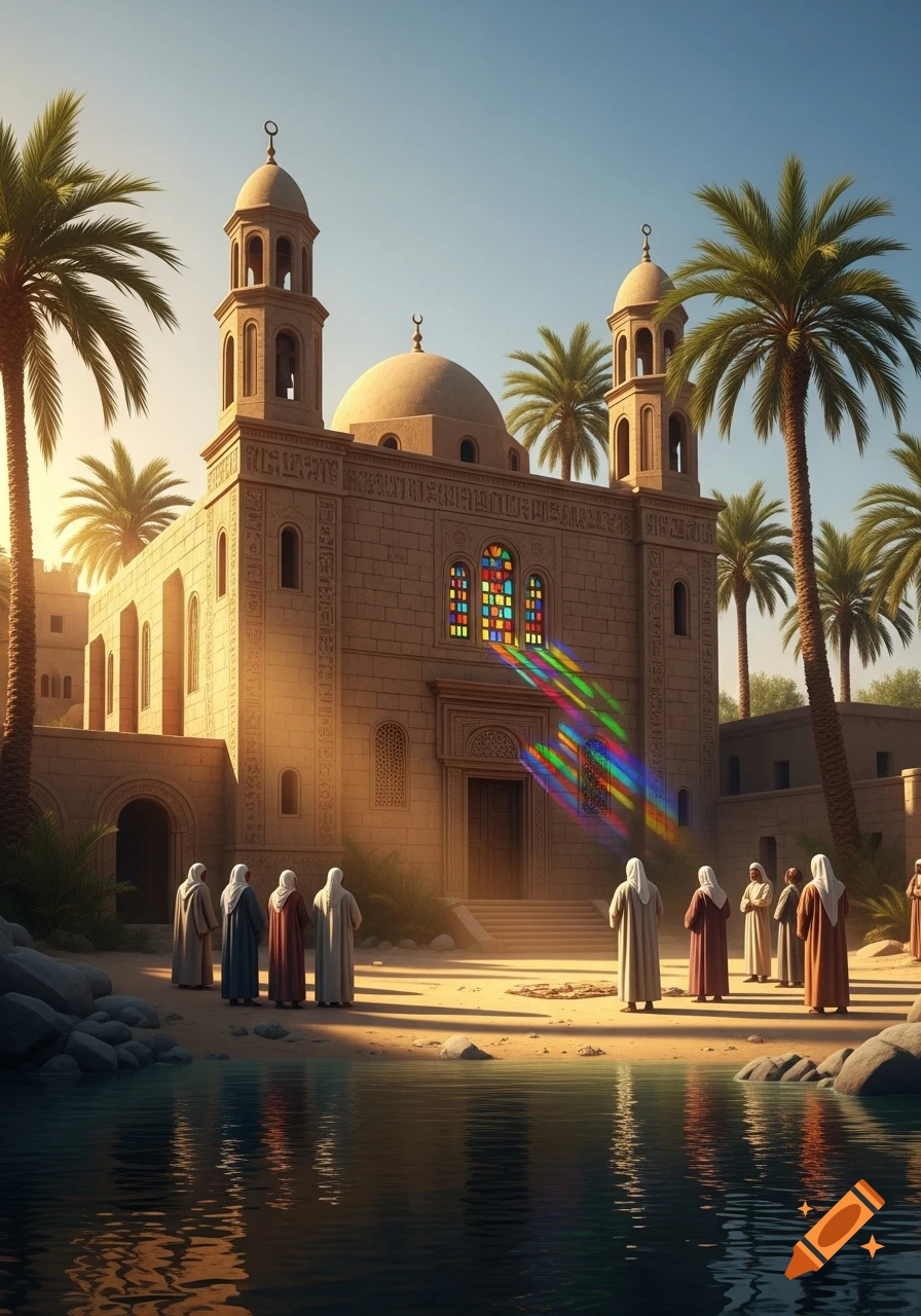 A religious building with a dome, two towers, stained glass, and palm trees at sunset. People in robes stand by the water.