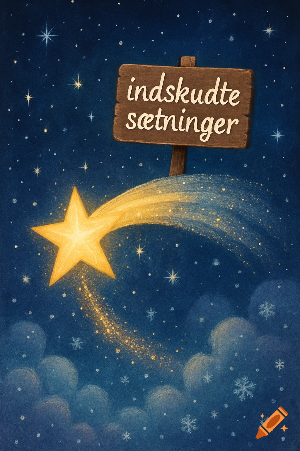 A whimsical illustration of a dark blue night sky with a yellow shooting star and a wooden sign reading 'indskudte sætninger' surrounded by stars and clouds.