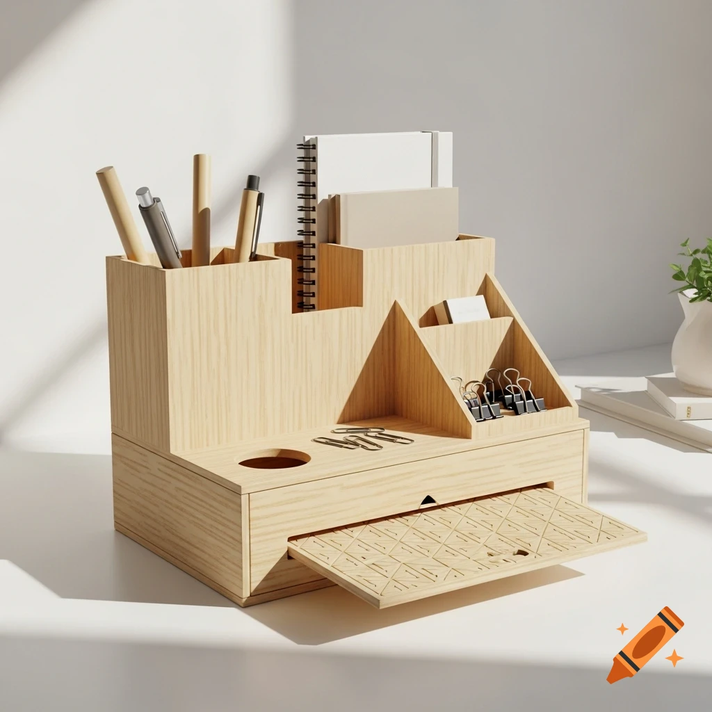 A photorealistic image of a light birch wood desk organizer filled with pens, notebooks, and paper clips, with a pull-out secret compartment.