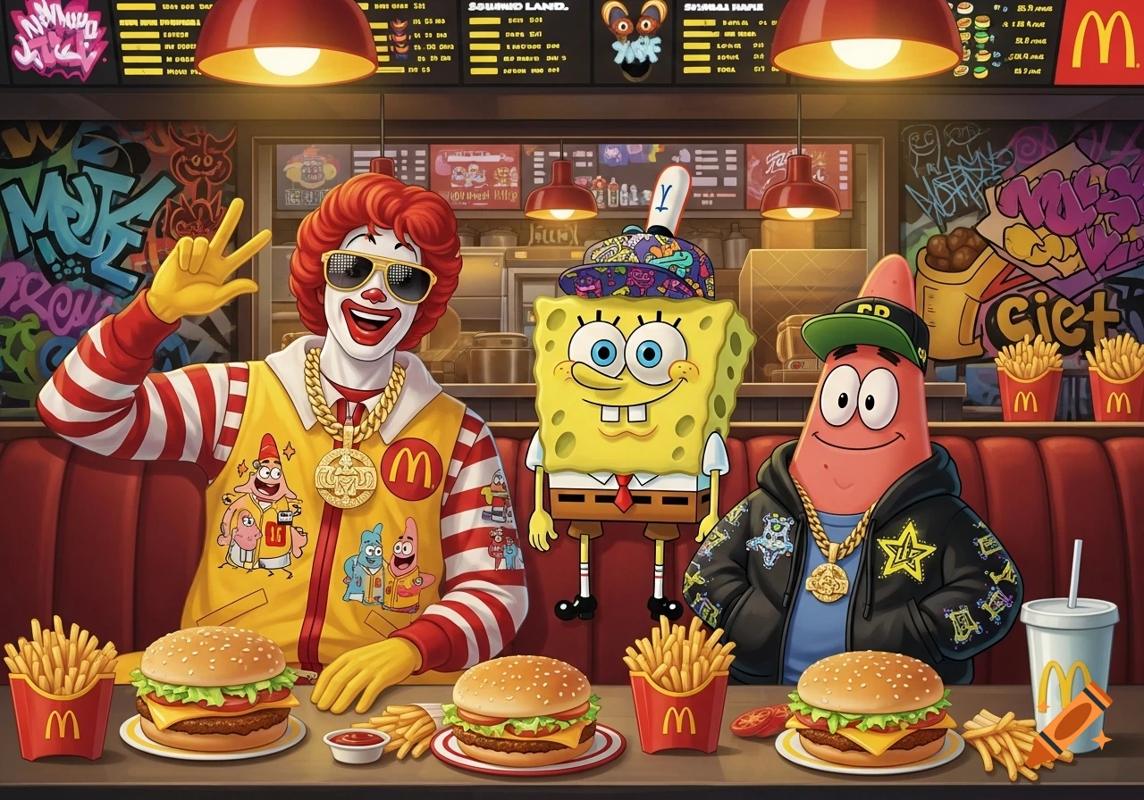 Ronald McDonald, Spongebob, and Patrick Star, all dressed in hip-hop style, pose with burgers and fries in a graffiti-filled McDonald's restaurant.