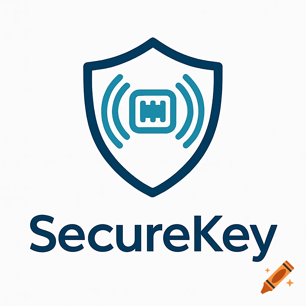Modern logo for SecureKey, featuring a blue shield with a chip icon and signal waves, above the company name.