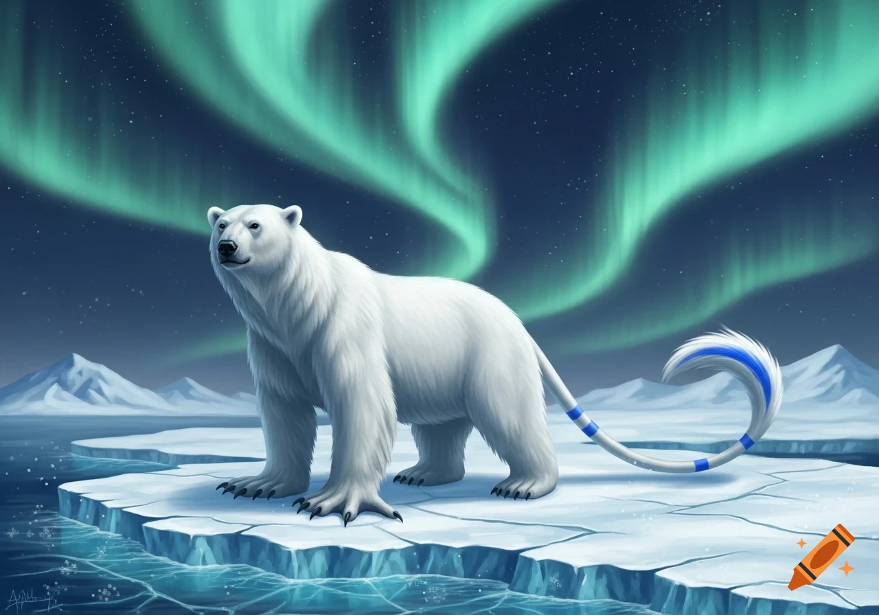 A stylized polar bear with a long tail featuring blue stripes stands on an ice floe under a starry night sky with vibrant green aurora borealis.
