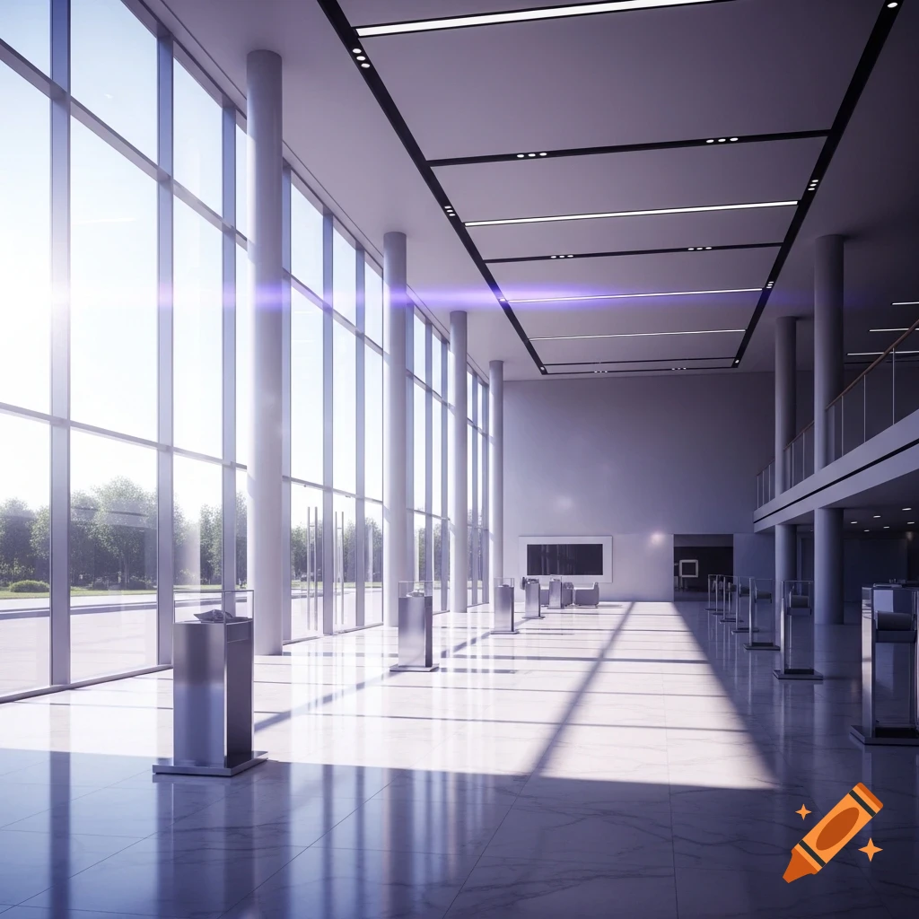 Bright, empty modern showroom with large windows, white pillars, polished marble floor, and sunbeams.