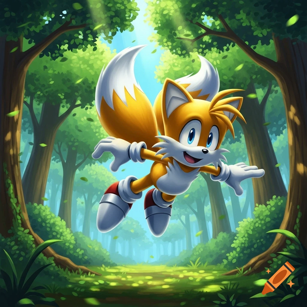 Tails the Fox flying happily through a sunlit green forest in a cartoon style.