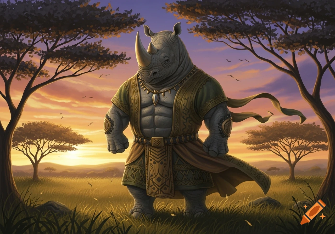 A muscular anthropomorphic rhino warrior stands in a savanna at sunset, wearing a green tunic and adorned with a necklace.